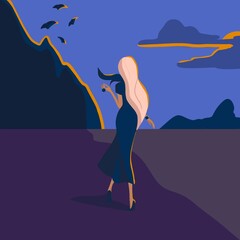 The Blonde Girl is Walking Near the Mountains at Night Flat Illustration