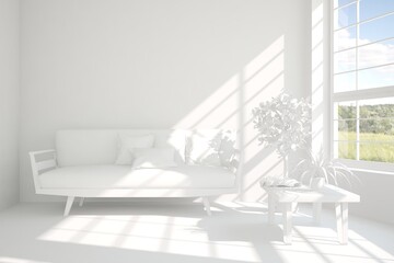 Stylish minimalist room with sofa in white color and summer landscape in window. Scandinavian interior design. 3D illustration
