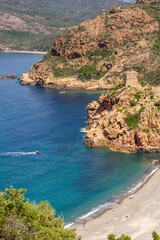 Obraz premium The city of Porto and the creeks of Piana (Calanques de Piana) in Corsica, France