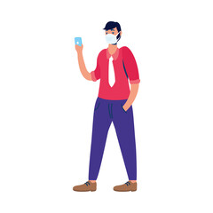 young man using medical mask with smartphone