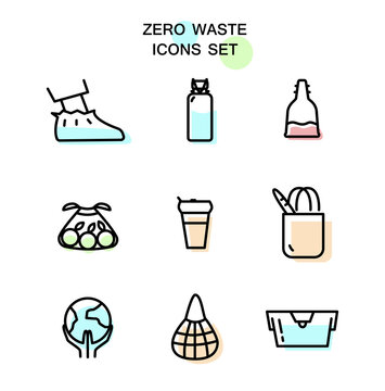 Set of zero waste line vector icons with color fill. Ecology icons. Reusable items: shoe covers, metal bootle for water, menstrual cup, bag, thermo mug, sack for vegetables, earth in hands, string bag
