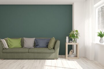 White stylish minimalist room with sofa. Scandinavian interior design. 3D illustration