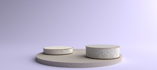 3D Render of Abstract violet Composition with Podium. Minimal Studio with Round Pedestal. Pedestal can be used for advertising, Isolated on violet background, Showcase, Product Presentation.