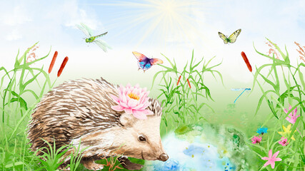 watercolor illustration with a pond, reeds, dragonflies and butterflies watercolor hedgehog © Toshka