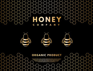 Honey logo with gold gradient honey bee and honeycombs. Label banner for company isolated from black background. Vector illustration.