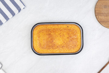 Top view of Homemade cornbread in the baking tray