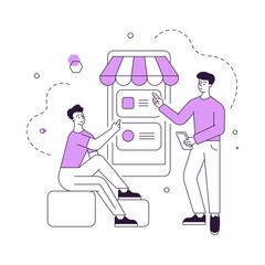 Male friends choosing goods in online shop