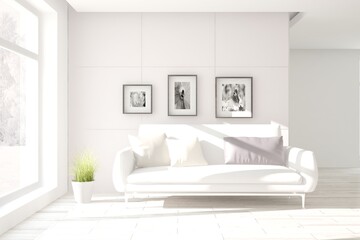 White stylish minimalist room with sofa. Scandinavian interior design. 3D illustration