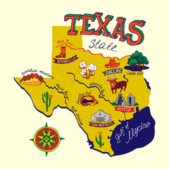Illustrated map of  Texas state, USA. Travel and attractions. Souvenir print