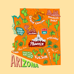 Illustrated map of  Arizona state, USA. Travel and attractions. Souvenir print