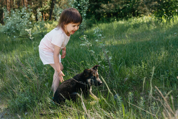 A child plays in nature with a shepherd puppy