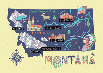 Illustrated map of  Montana state, USA. Travel and attractions. Souvenir print