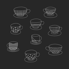 Fototapeta premium A set of funny cups drawn by hand-with different patterns. Silhouettes of Coffee and tea cups. Vector illustration of ceramic , porcelain, clay cups-isolated on a black background