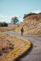 Obraz premium Female professional cyclist quickly descends the slope of a beautiful countryside road.