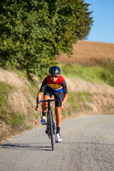 Fototapeta na wymiar Elite athlete trains cycling with his road bike on a sunny day among wheat fields