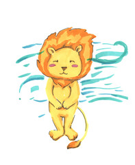 Cartoon lion painted with his hands markers illustration. The wind is ingans the mane