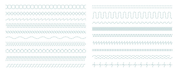 Embroidery stitches. Fabric sewing stripped shapes textile geometrical dividers sew brushes vector seamless set. Stitch pattern line, textile embroidery border illustration