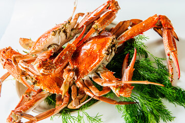 Plate of red boiled crabs