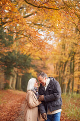 Fototapeta premium Loving Senior Couple Holding Hands As They Walk Along Autumn Woodland Path Through Trees Together