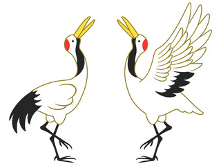 向かい合う鶴のペアのイラスト（金ライン）