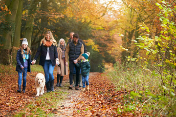 Multi-Generation Family Walking With Pet Golden Retriever Dog Along Autumn Woodland Path