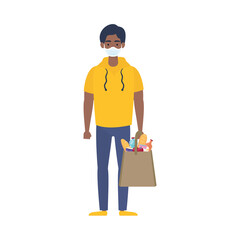 afro man using medical mask with supermarket bag