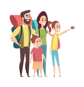 Family making photo. Selfie tourists, vacation or travel. Isolated mom dad girl boy with things for camping vector illustration. Family travel vacation, photo selfie outdoor portrait