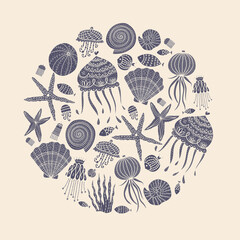  Cute card with jellyfish, shells, fish, starfish and algae.
