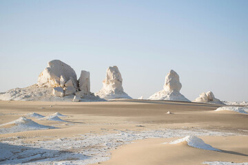white desert with sand and lime stone rock formations. Bahariya national park Egypt. Surreal nature...