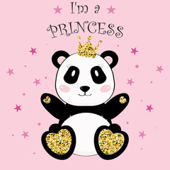Cute panda bear girl with crown. Im a princess. Vector illustration cartoon style. 