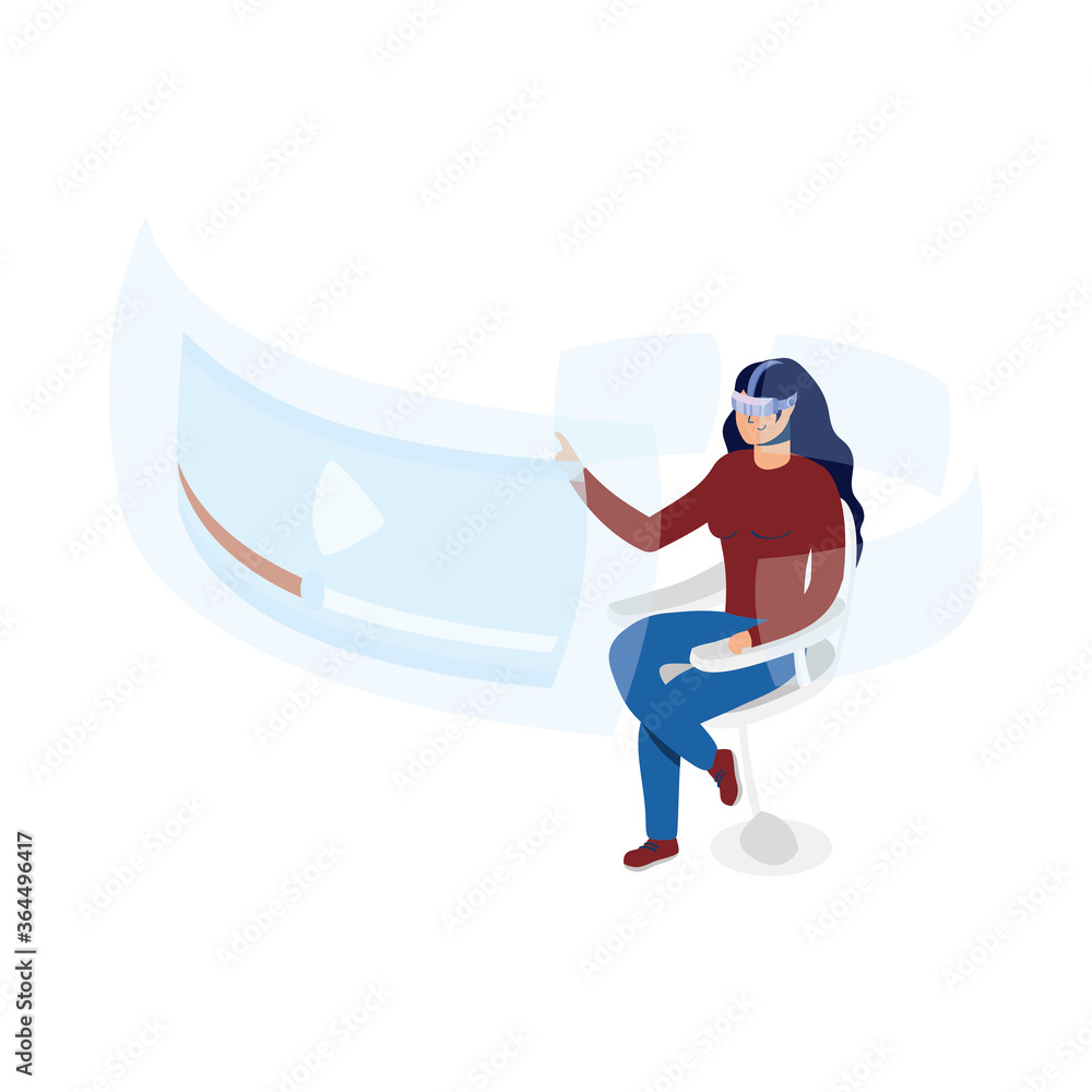 Poster woman using reality virtual tech in chair with interactive display
