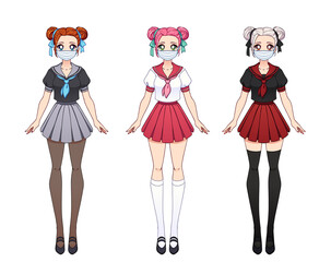 Set of three anime girls. Cute girls with big eyes and wearing medical mask.