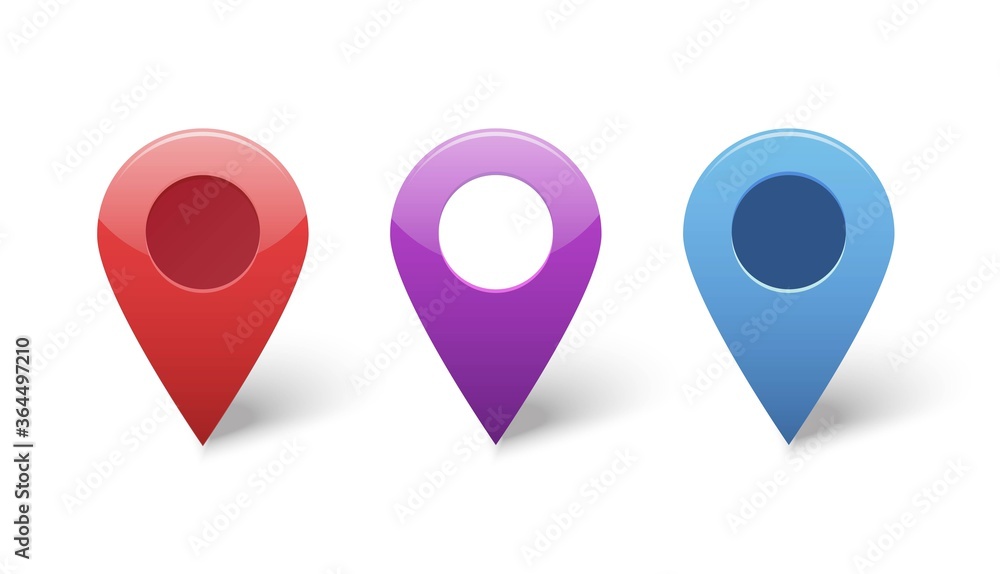 Poster map pin gps pointer markers for destination location vector icons set or position points violet blue