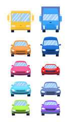 Cartoon Color Different Cars Front View Icons Set. Vector
