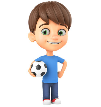 Cheerful boy cartoon character holding a soccer ball on a white background. 3d render illustration.
