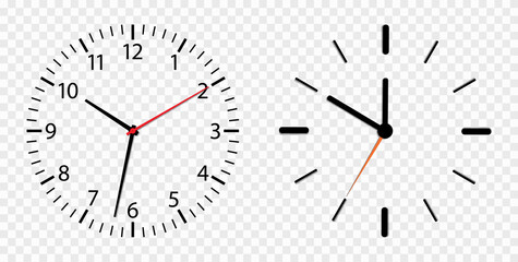 Clock face. Watch dial isolated on transparent background. Simple roman round clock on wall. Outline graphic timer. modern icon with hour, minute and second arrow. Concept of countdown time. Vector