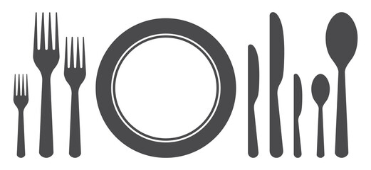 Set of plate, fork, knife, spoon for dinner. Icons of cutlery for lunch, breakfast. Silhouette of Utensil for food on kitchen. Symbol of restaurant, cafeteria, gastronomy. Logo banquet, menu. Vector