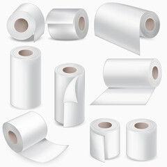 Realistic Detailed 3d White Blank Toilet Paper Roll Set. Vector