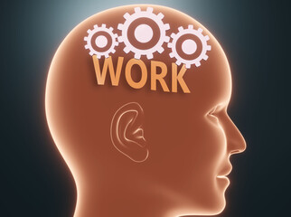 Work inside human mind - pictured as word Work inside a head with cogwheels to symbolize that Work is what people may think about and that it affects their behavior, 3d illustration