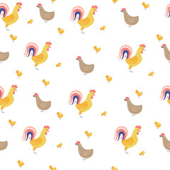 seamless pattern with roosters, hens and chickens