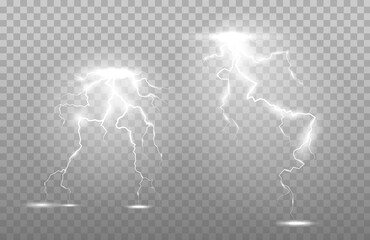 Vertical lightning bolts in the sky. Effect of glow and spark, vector art and illustration.