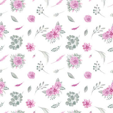 Watercolor seamless pattern of floral elements on a white background Pink flowers rose Magnolia Leaves, leaf and branch of eucalyptus