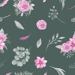 Watercolor seamless pattern of floral elements on a dark green background Pink flowers rose Magnolia Leaves, leaf and branch of eucalyptus. Botanical pattern