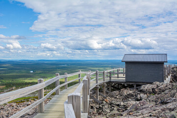 View of the wooden walkway on the top of Levitunturi, Kittila, Lapland, Finland
