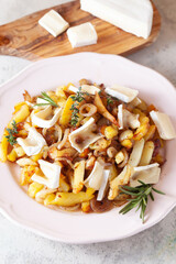 Fries potato with onion and camembert cheese