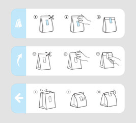 Reusable closing packing guide.Adhesive label with user instruction. Vector elements on white background. Ready for use for your design, promo, advertising. EPS10.	