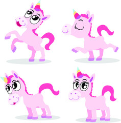 A cute red and pink little unicorn in four adorable poses.