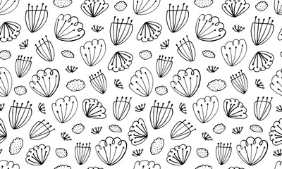 Seamless pattern with hand drawn flowers. Doodle illustration. Simple floral elements