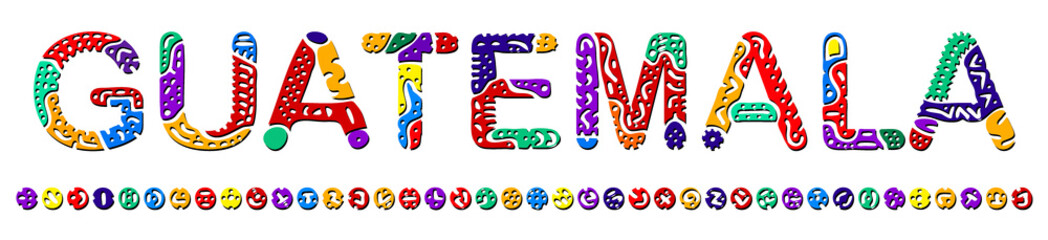Guatemala. Multicolored bright isolate inscription. Colored curves decorative doodle letters, line. Guatemala for print, clothing, t-shirt, souvenir, booklet, banner, flyer, ads. Stock vector picture.