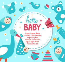 Cute colorful baby background for baby birth, baby shower greeting cards. Vector ilustration